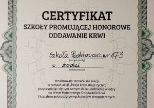 certyfikat szkoły promującej honorowa oddawanie krwi